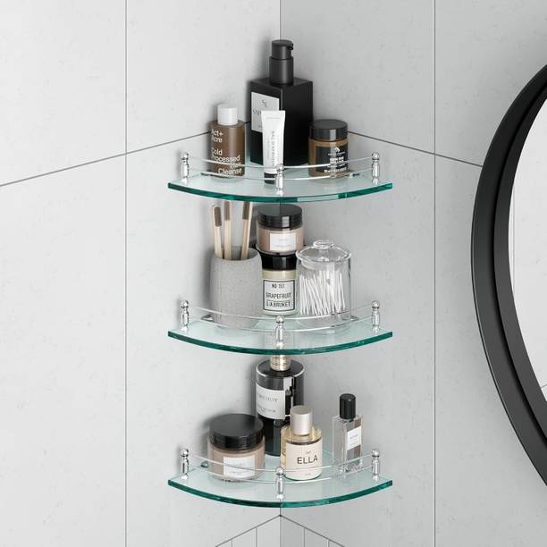 MOTIQO Glass Corner Shelf for Bathroom, Kitchen Shelf, 9X9 INCH (Round, Pack-3) Glass, Stainless Steel Wall Shelf