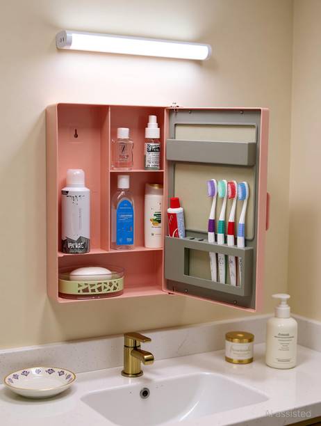 Zahab Bathroom Mirror Box Wall Cabinet with Mirror 4 Shelf 10x14 inch pink Plastic Wall Shelf