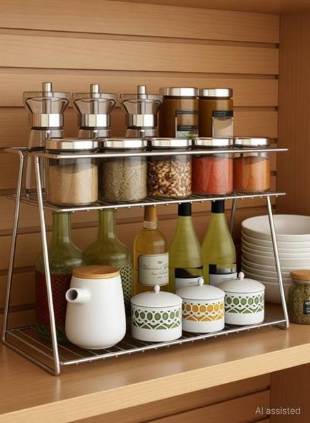 Chandan Dish Drainer Kitchen Rack Steel Chandan Stainless Steel Spice 2-Tier Trolley Container Organizer Organiser/Basket for Boxes Utensils Dishes Plates for Home (Multipurpose Kitchen Storage Shelf Shelves Holder Stand Rack)