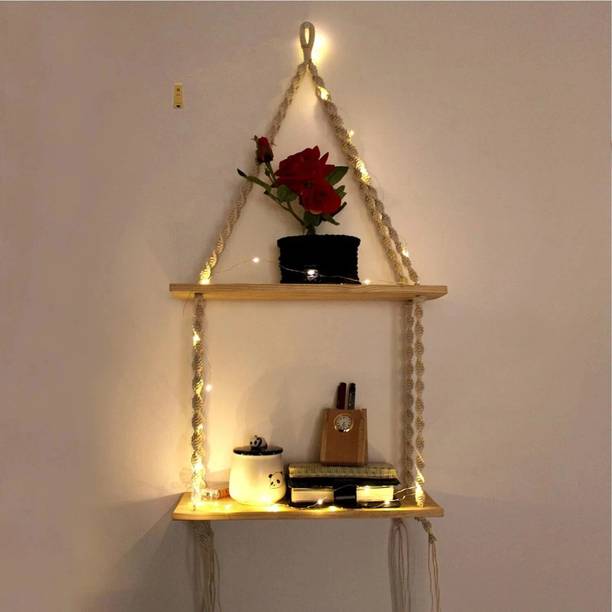 Flipkart SmartBuy Macrame Wall hanging , Real Pine Wood Storage Shelves with LED Light (2 Layer) Wooden Wall Shelf