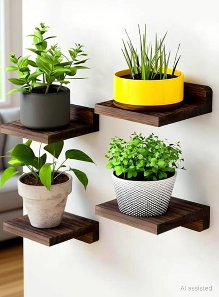 YashCrafts Wooden Wall Mount Floating Shelf for Home Décor (Plant Not Included) | Set of 4 Wooden Wall Shelf