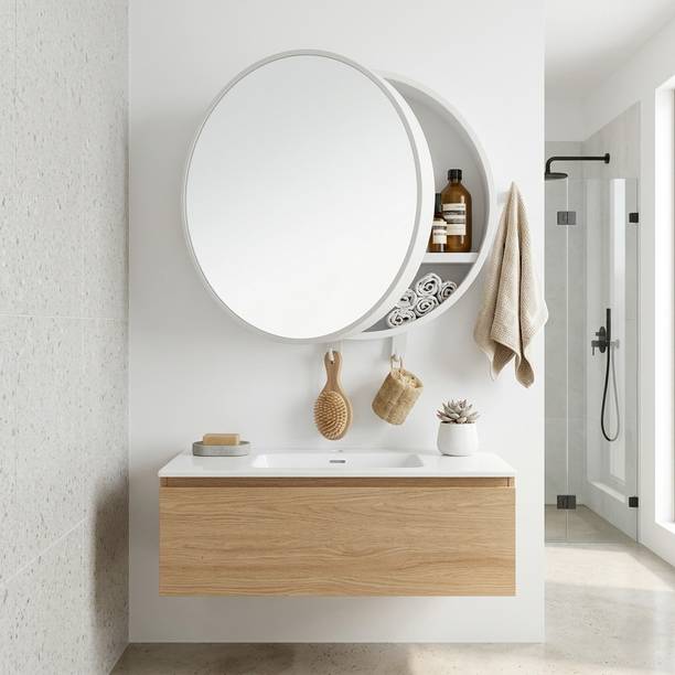 CIPLA PLAST Pearl Round Mirror Cabinet | Towel Holder With 2 Hooks | Tooth Brushed Holder | Polypropylene Wall Shelf