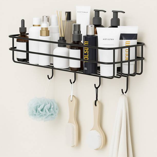 ALMORA ALMORA Bathroom rack self with 4 hooks to hang towel and more hanging items Iron Wall Shelf