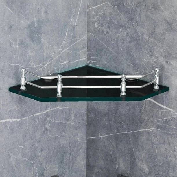 FORTUNE Diamond Storage Corner Shelf, Kitchen Shelve, Bathroom Accessories (9 x 9 Inch) Glass, Stainless Steel Wall Shelf