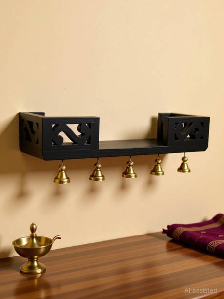 Eco Handicrafts wooden wall temple with bells Wooden Wall Shelf (Number of Shelves - 1, Black) Wooden Wall Shelf