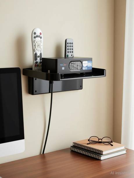 Sauran TV Set Top Box Stand Black With Remote Holder Plastic Wall Shelf