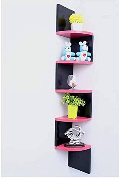 Woodenstores Wooden Zigzag Corner Wall Mount Floating Wall Shelves with Finish 5 Tiers Wooden Wall Shelf