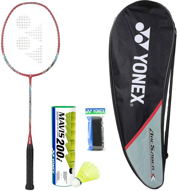 YONEX Arcsaber 73 Light Badminton Racket with Mavis 200i Shuttle And Towel Grip Red Strung Badminton Racquet