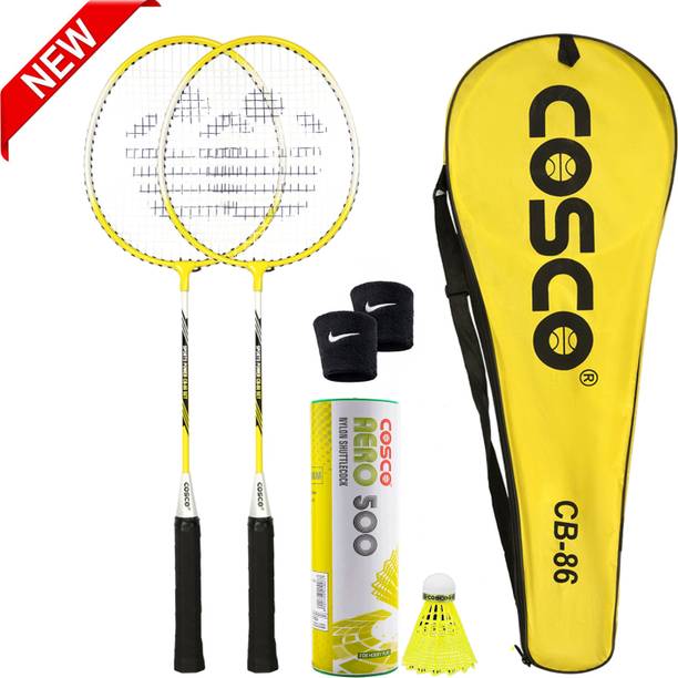 COSCO Badminton Kit - (2 CB-86 Racket, Aero 500 "6 Shuttle", 2 Wrist Band) Yellow Strung Badminton Racquet