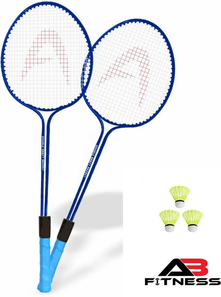 AB FITNESS Double Shaft Badminton Racket Set of 2 Piece with 3 Piece Nylon Shuttles Blue Strung Badminton Racquet