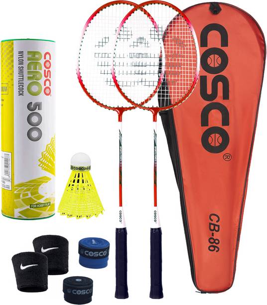 COSCO Badminton Racket Set - 2 CB-86 Racket, 1 Aero 500 "6 Shuttle", 2 Grip, 2 Band Red Strung Badminton Racquet