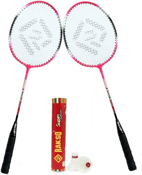 Rakso star pink Single Shaft Racket set of 2 Pcs With 10 Shuttle feather for kids men Multicolor Strung Badminton Racquet