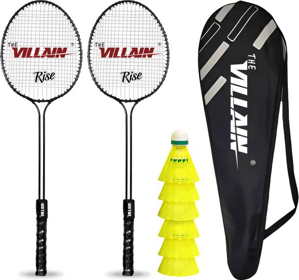 The Villain Rise Double Shaft Professional Badminton Rackets Set with 6 Pcs Plastic Shuttles Multicolor Strung Badminton Racquet