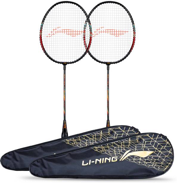 ली-निंग Smash XP 60 IV (Set of 2 + 2 Full Covers) (Strung, Black / Pink) लाल स्ट्रंग बैडमिंटन रैकेट