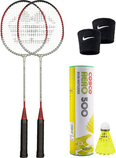 COSCO Combo Of 10, 2 CZ 50 Badminton Racket, 6 Shuttle, 2 Wrist Band Red Strung Badminton Racquet