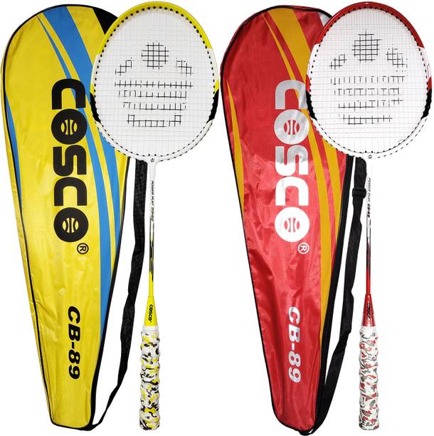 COSCO CB-89 Recreational - 2 Racket, PU G5, ISO, 18-20 LBS, Aluminium, Steel Shaft Yellow, Red Strung Badminton Racquet