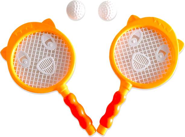 Toycube Kids Cartoon Tennis Trainer Set with 2 Rackets & 2 Balls | 3+ Years Yellow, White Strung Badminton Racquet