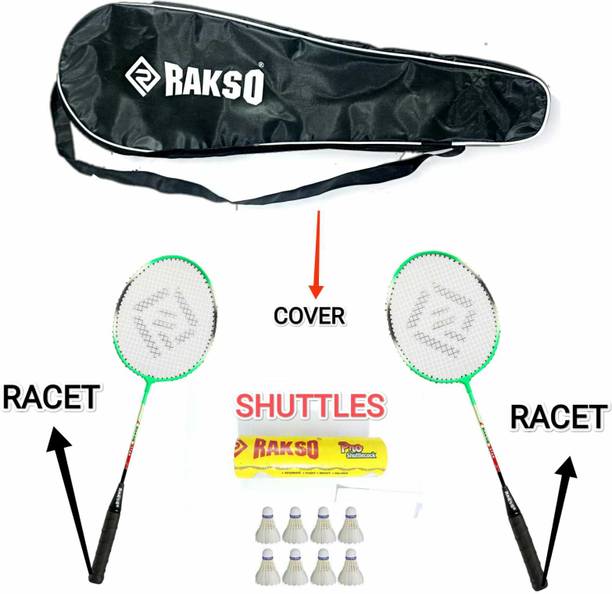 Rakso Green Wide 85 Badminton racquets SET OF 2 PCS WITH COVER 6 FEATHER SHUTTLE COMBO Green Strung Badminton Racquet