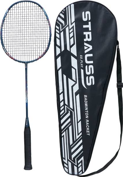 Strauss Carbon Graphite Racket with Shuttle with Nylon Strings-String Tension - 28lbs Blue Strung Badminton Racquet