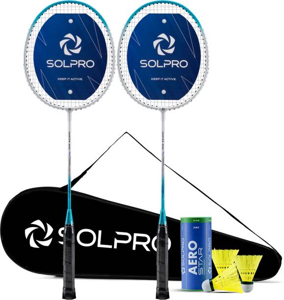 SOLPRO VORTEK 3000 Badminton Racket Set (2 Pcs) with 3 Shuttlecocks and Full Cover Bag White Strung Badminton Racquet