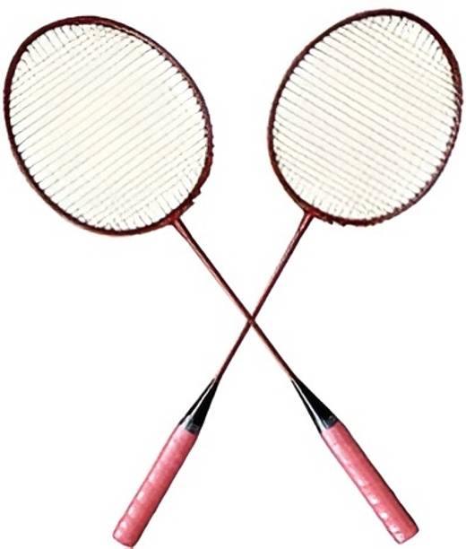 kickmixsports Badminton Racquet Set of 2pcs Single Shaft Red Strung Badminton Racquet
