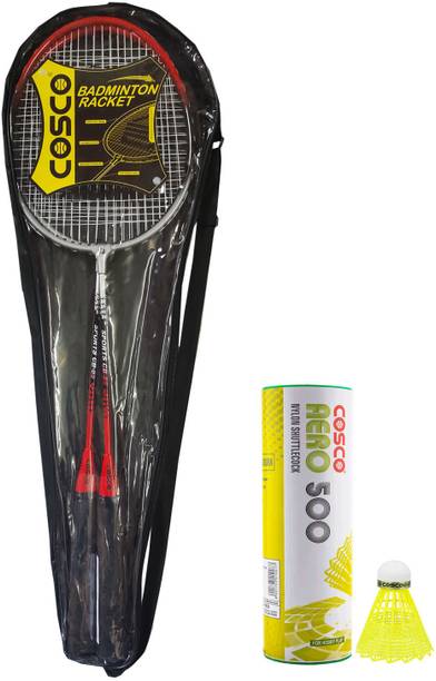 COSCO CB-85 (Pack of 2 Racke With Full Cover) Aero 500 (6 Shuttles) 2 Wrist Band Red Strung Badminton Racquet