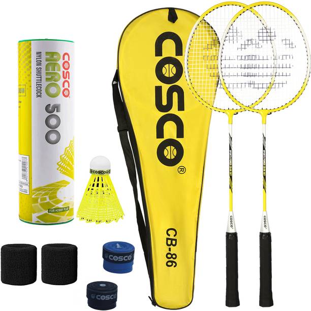 COSCO Badminton Racket Set - 2 CB-86 Racket, 1 Aero 500 "6 Shuttle", 2 Grip, 2 Band Yellow Strung Badminton Racquet