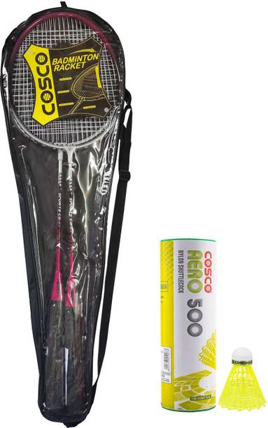 COSCO CB-85 (Pack of 2 Racke With Full Cover) Aero 500 (6 Shuttles) 2 Wrist Band Pink Strung Badminton Racquet