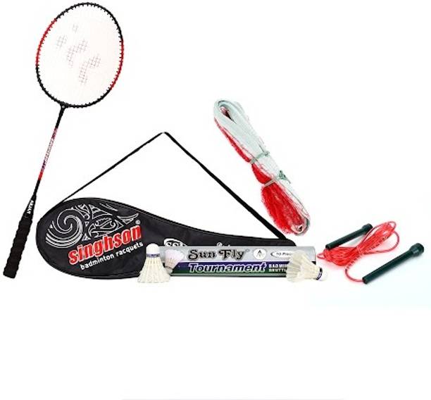 Singhson Badminton Set 1 Rackets, 10 Shuttlecock, Full Cover , Badminton Court Net Kit Red Strung Badminton Racquet