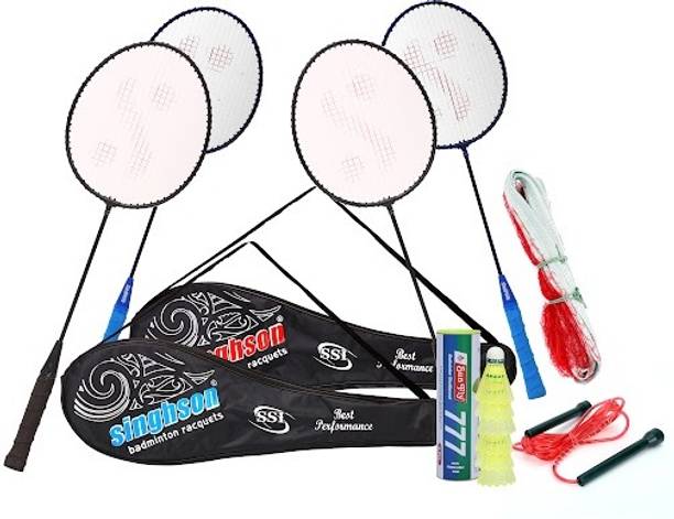 Singhson 4 Rackets, 6 Nylon Shuttle, Full Cover , Badminton Court Net , Free Pencil Skip Blue, Black Strung Badminton Racquet