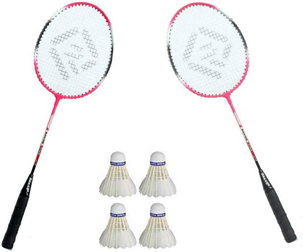 Rakso Badminton Racquet Set OF 2 WITH 4 FEATHER Shuttle COMBO Multicolor Strung Badminton Racquet