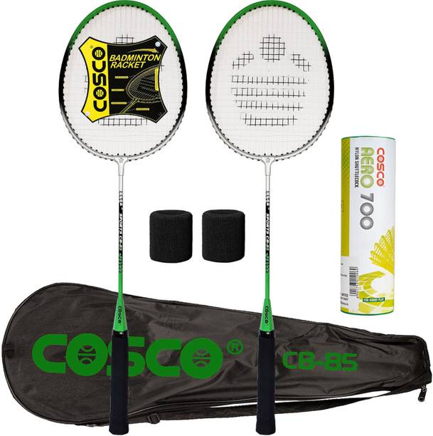 COSCO CB 85 Aluminum Badminton-Racket Set of -2 with- 6 Pieces Nylon shuttles, 2 Band Green Strung Badminton Racquet