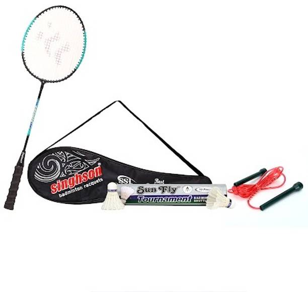 Singhson Badminton Set 1 Rackets,10 Feather Shuttlecock, Full Cover Blue Strung Badminton Racquet