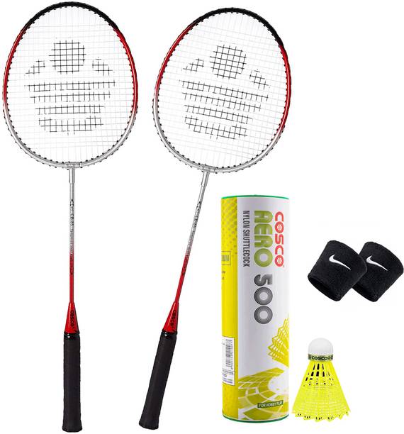 COSCO CB-85 (Pack of 2 Racquet) + Aero 500 Shuttle Box (Pack of 6 Shuttlecock) + Band Red Strung Badminton Racquet
