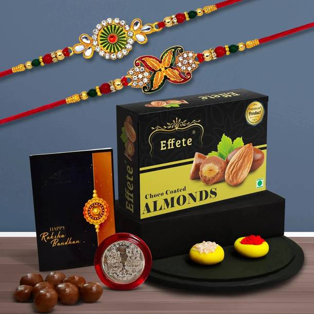 Effete Designer Rakhi Combo for Brother with Chocolate Almond (32-GM)Rakhi Set|K2_547+548_CA32 Assorted Rakhi, Chawal Roli Pack, Greeting Card, Coins  Set