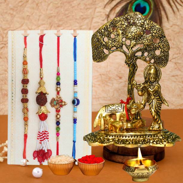 Chhariya Crafts Bhaiya Bhabhi Rakhi Combo Set 1 Krishna, 1 Diya, Chawal Roli Pack, 1 Designer Lumba, 3 Rakhi Assorted, Gold, Gold Finish, Jute, Kundan, Mauli Thread, Pearl, Yarn Rakhi, Chawal Roli Pack, Showpiece  Set