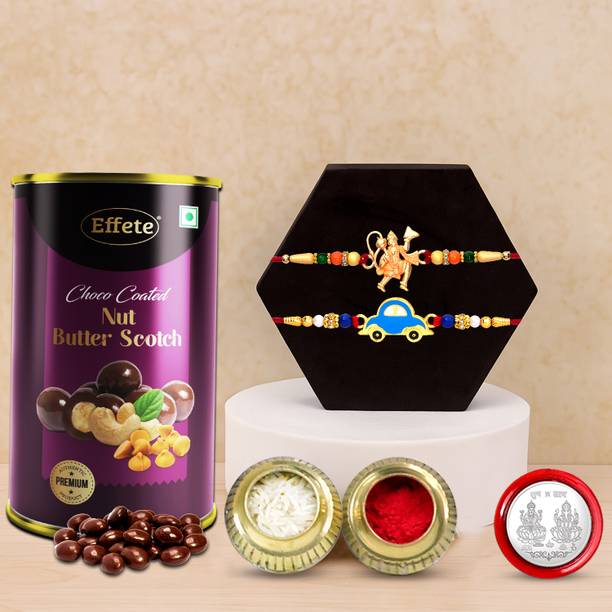 Effete Kids Designer Rakhi Combo for Brother | Rakhi Gift For Brother/Sister |Rakhi With Thali,Greeting Card | Fancy Rakhi | Raksha Bandhan Gift For Sister |(K2_302+A8_BS) Assorted Rakhi, Chawal Roli Pack, Greeting Card, Coins  Set