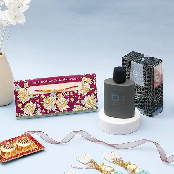 Thread With Lots Of Love On Raksha Bandhan' Mailer With 01 Original Men Perfume Assorted Rakhi, Perfume Set by ARCHIES