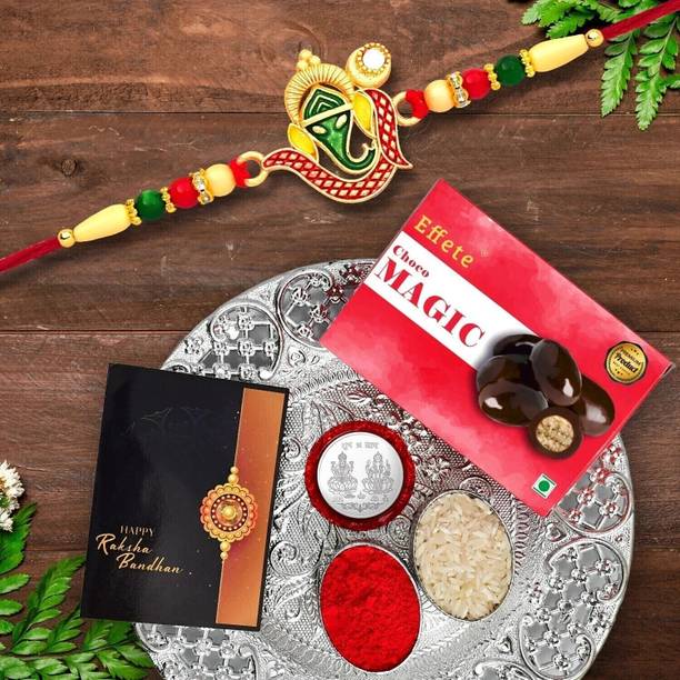 DeoDap Religious Rakhi Combo Gift Set for Brother |Choco Magic 32Gm|Chocolate|Y22K1_309_CM32+DS Assorted Rakhi, Chawal Roli Pack, Greeting Card, Coins, Thali  Set