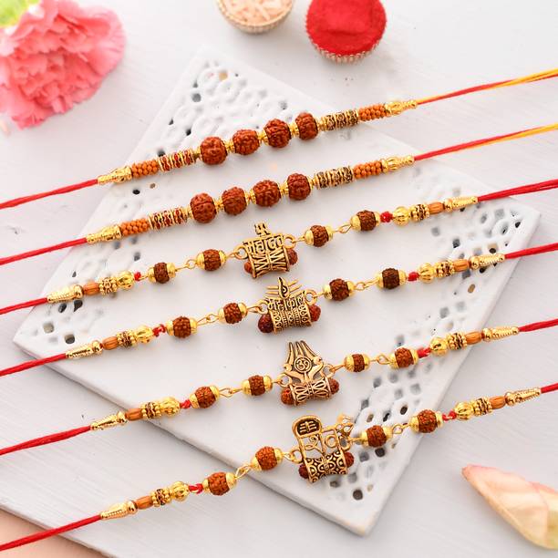 PRIDE STORE Rudraksh Rakhi, Rakhi for Brother-Greeting Card-Tilak Pack -7800 Mauli Thread Rakhi, Greeting Card, Chawal Roli Pack  Set