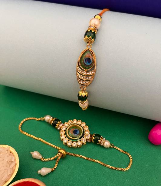 Niozaki Bhaiya Bhabhi BRAS-PANKH-OR Gold Finish, Mauli Thread, Kundan, Pearl Chawal Roli Pack  Set