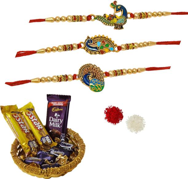 Meira Jewellery Designer rakhi-with-chocolate-144 Gold Finish Rakhi, Greeting Card, Chawal Roli Pack  Set
