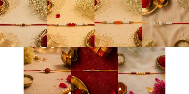Designer July combo7 Rakhi Set-5425 Gold Finish, Mauli Thread, Pearl Rakhi by RS Creations