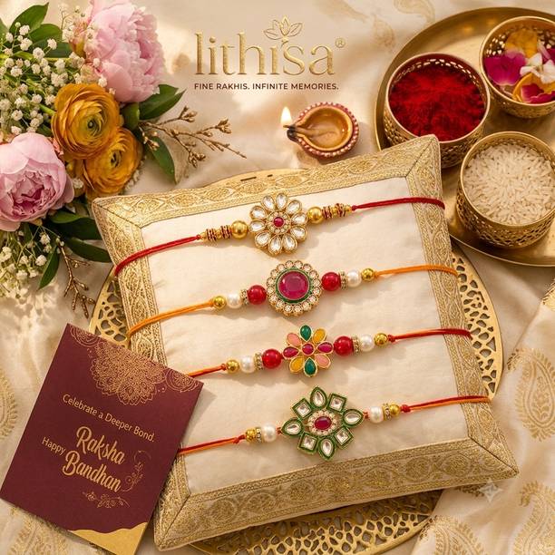 LITHISA Designer Kundan rakhi combo 4 rakhi | rakhi set | bhai rakhi Mauli Thread, Pearl, Kundan Rakhi  Set