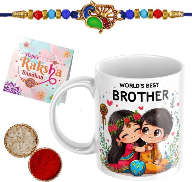amrita Designer Cute Rakhi for Brother with Printed Ceramic Mug (Combo Pack 4) Bro262_RKI50 Assorted Rakhi, Mug, Chawal Roli Pack, Greeting Card Set