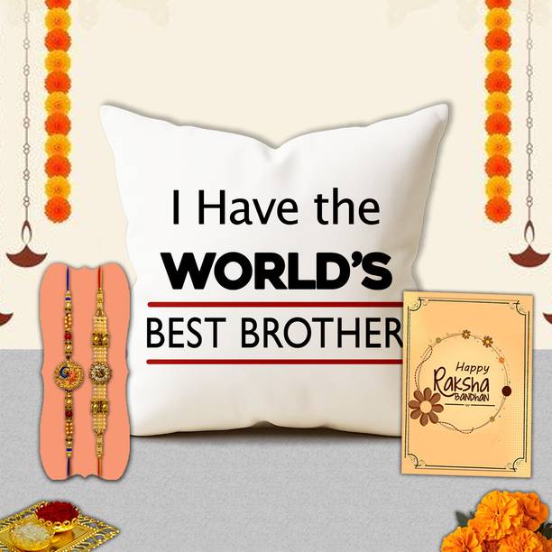 Avirons Thread Sophisticated Raksha Bandhan Gift for Veer – Satin Cushion Combo for Brother Assorted Chawal Roli Pack, Cushion, Rakhi, Greeting Card Set