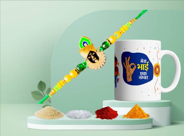 PACKMOLD Designer Rakhi Customised mug Pack Set (1 Rakhi 1 Mug 1 Roli Chawal Haldi Mishri set)) Assorted Rakhi, Mug  Set