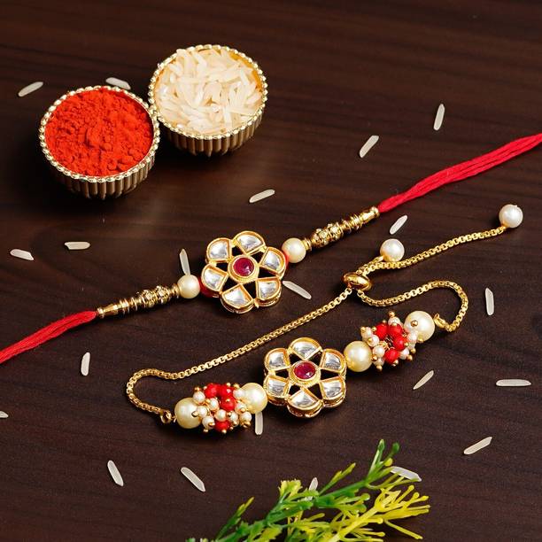SHUBHAM JEWELLERS Bhaiya Bhabhi RAKHI205.9 Kundan Lumba, Bracelet, Rakhi, Chawal Roli Pack  Set