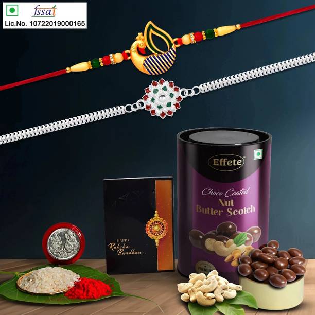 DeoDap Designer Rakhi Combo Gift Set for Brother |Butterscotch 96Gm|Chocolate|Y22K2_352+A36_BS Assorted Rakhi, Chawal Roli Pack, Greeting Card, Coins  Set