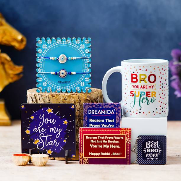 Dreamica Designer Rakhi-133 Assorted Rakhi, Mug, Showpiece, Key Ring, Chawal Roli Pack, Greeting Card  Set